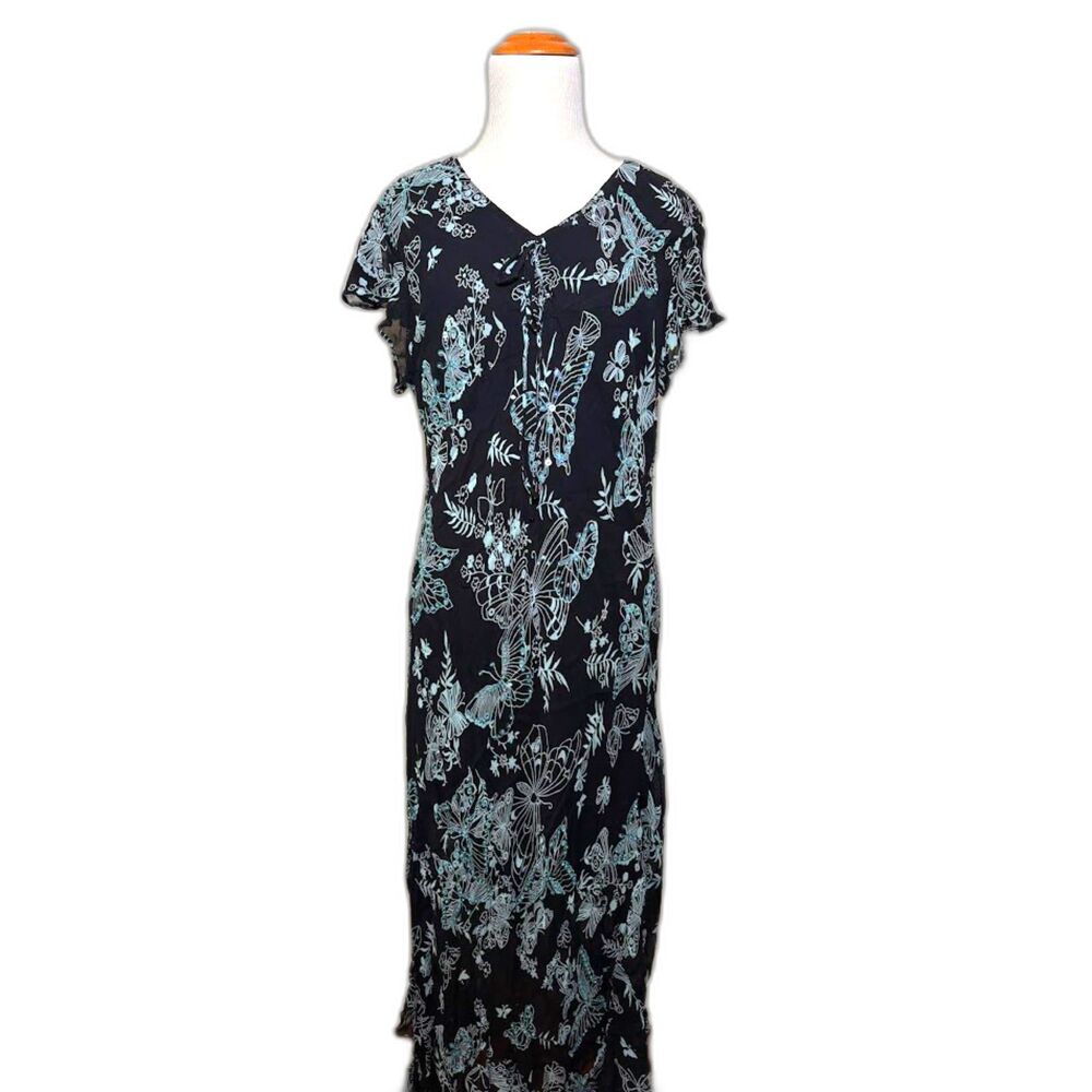 Dressbarn y2k Maxi Dress XL Black Blue Beaded Butterfly Whimsygoth Fairy Witchy